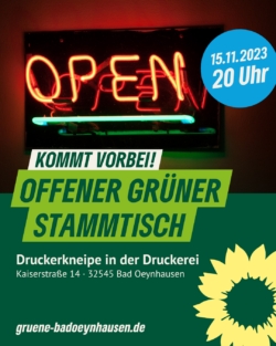 Flyer zum offenen grünen Stammtisch am 15.11.2023 um 20 Uhr im Begegnungszentrum Druckerei e.V. in Bad Oeynhausen